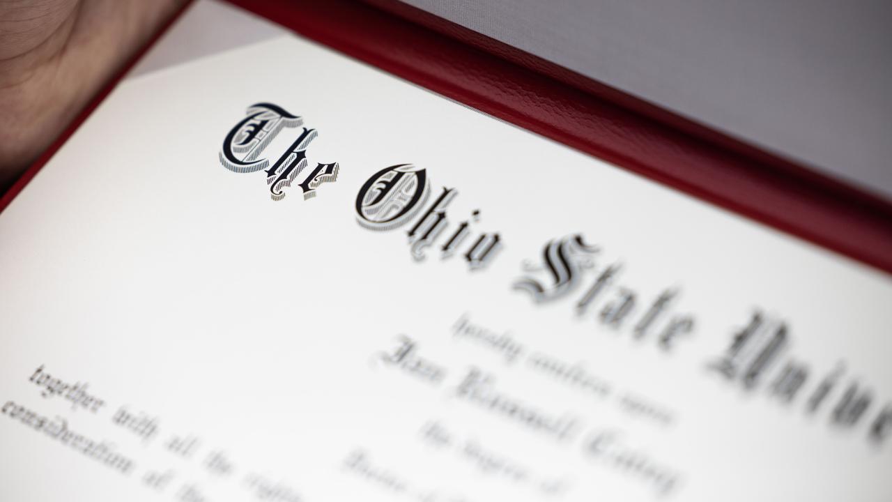 Close up of Ohio State University diploma