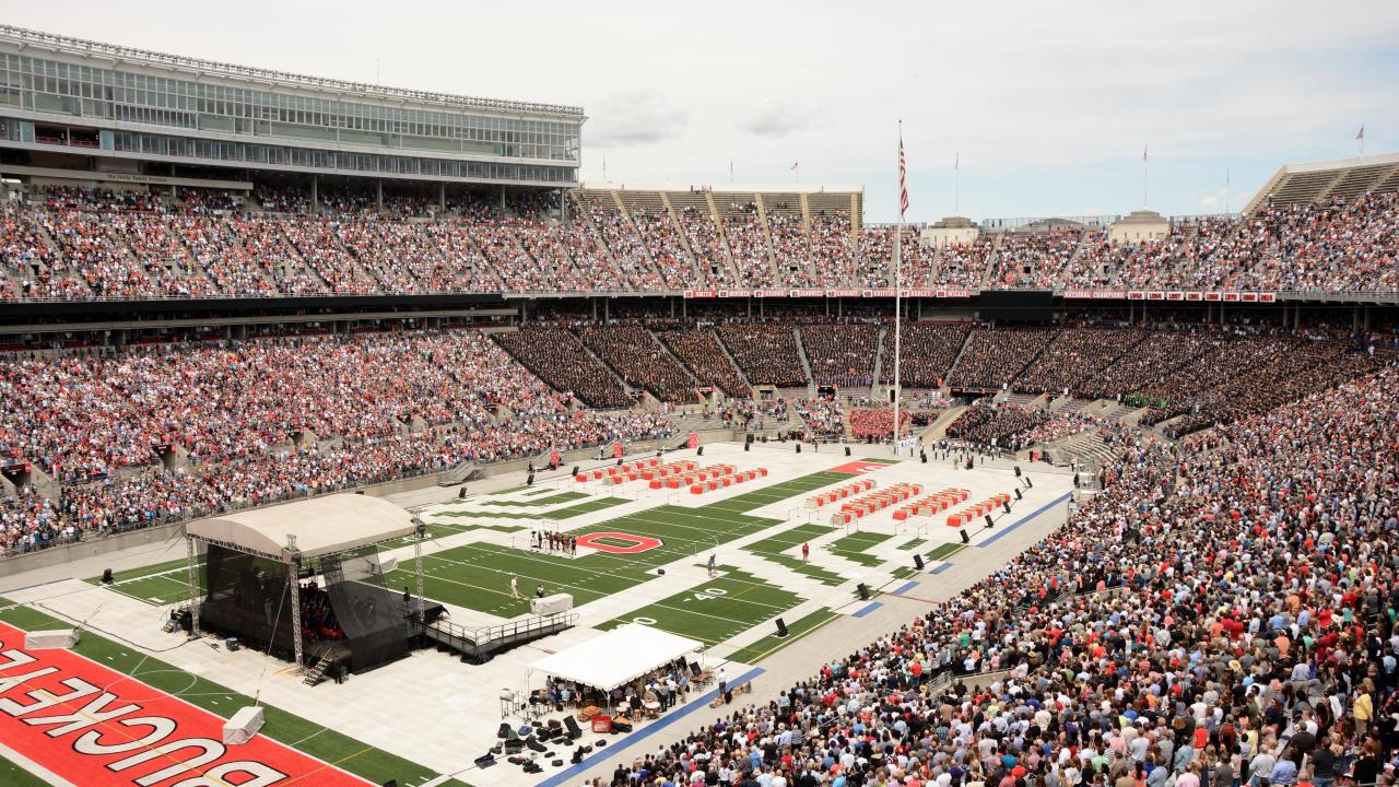 Graduates and guests watching OSU Spring Commencement in Ohio Stadium.